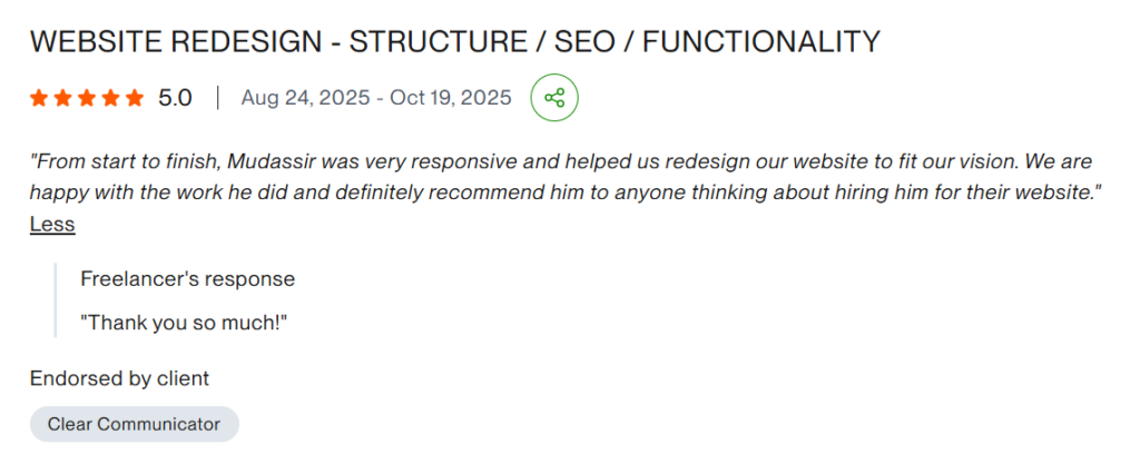 Client testimonial for Mudassir Afzal