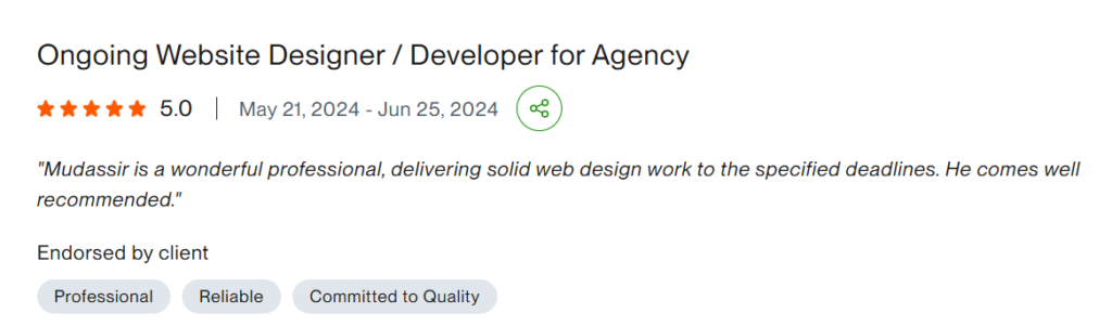 Client testimonial for Mudassir Afzal web design services