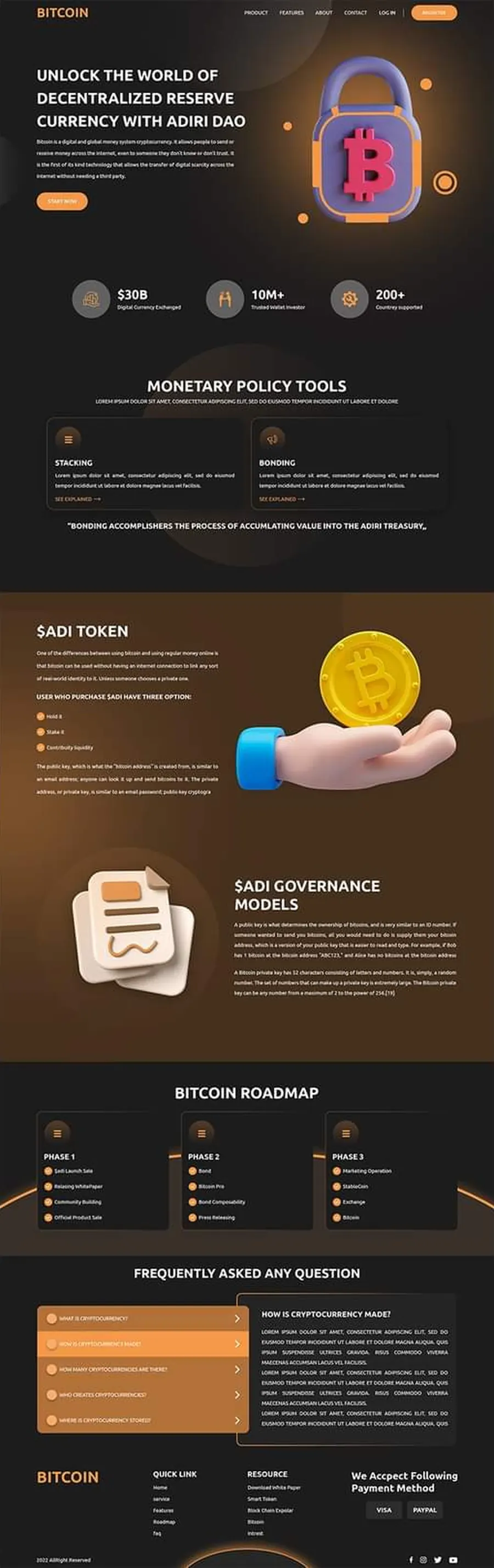 Bitcoin Adiri DAO crypto landing page design