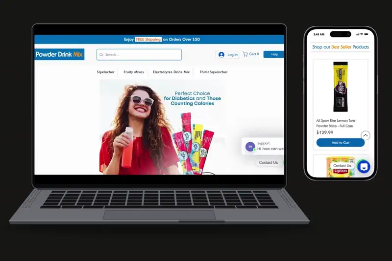 Powder Drink Mix e-commerce website design shown on laptop and mobile