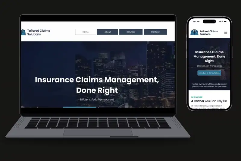 Tailored Claims Solutions insurance claims website design shown on laptop and mobile